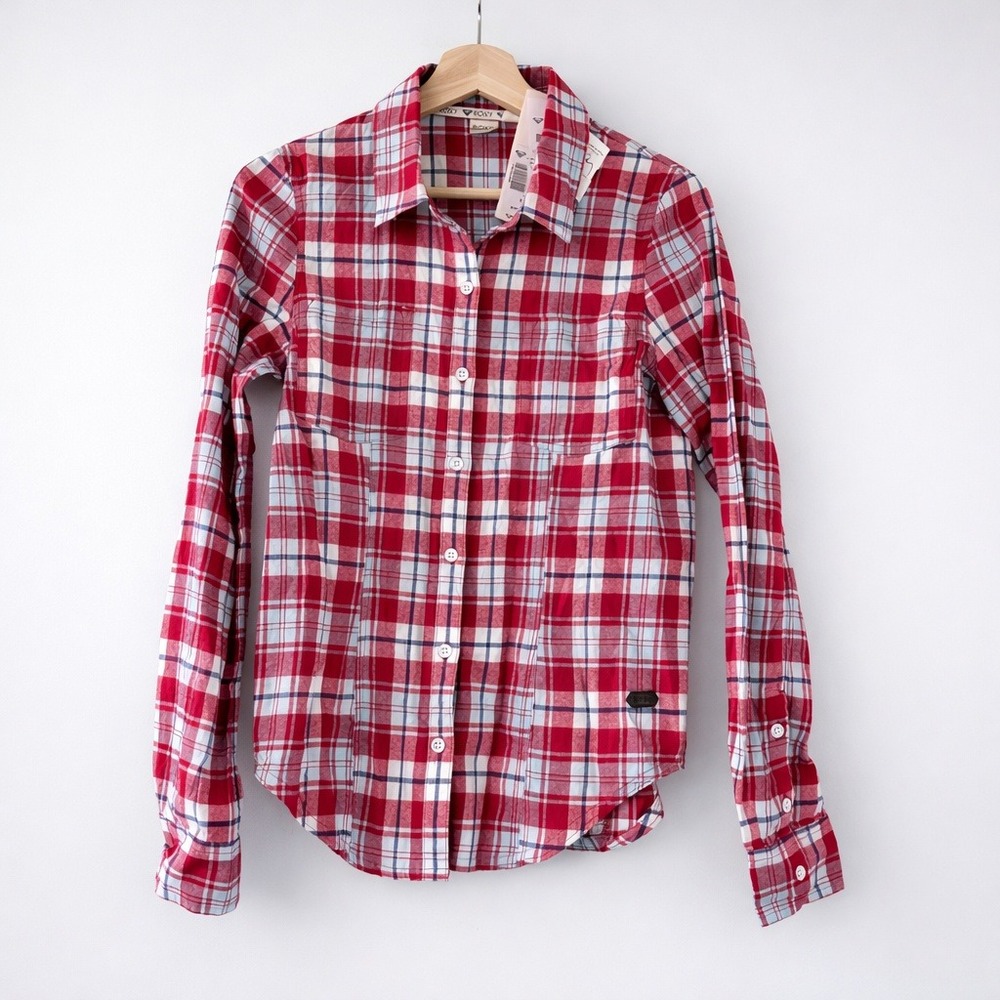 Roxy NWT Plaid Button Up Top Small Long Sleeve Flannel Cotton Red Blue Surf